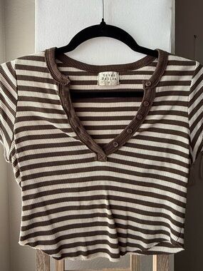 Brown & Cream Striped Ribbed V-Neck Top